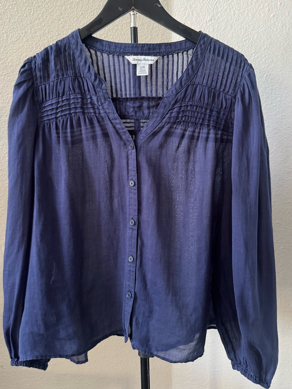 Tommy Bahama Navy Pintuck Button-Front Blouse